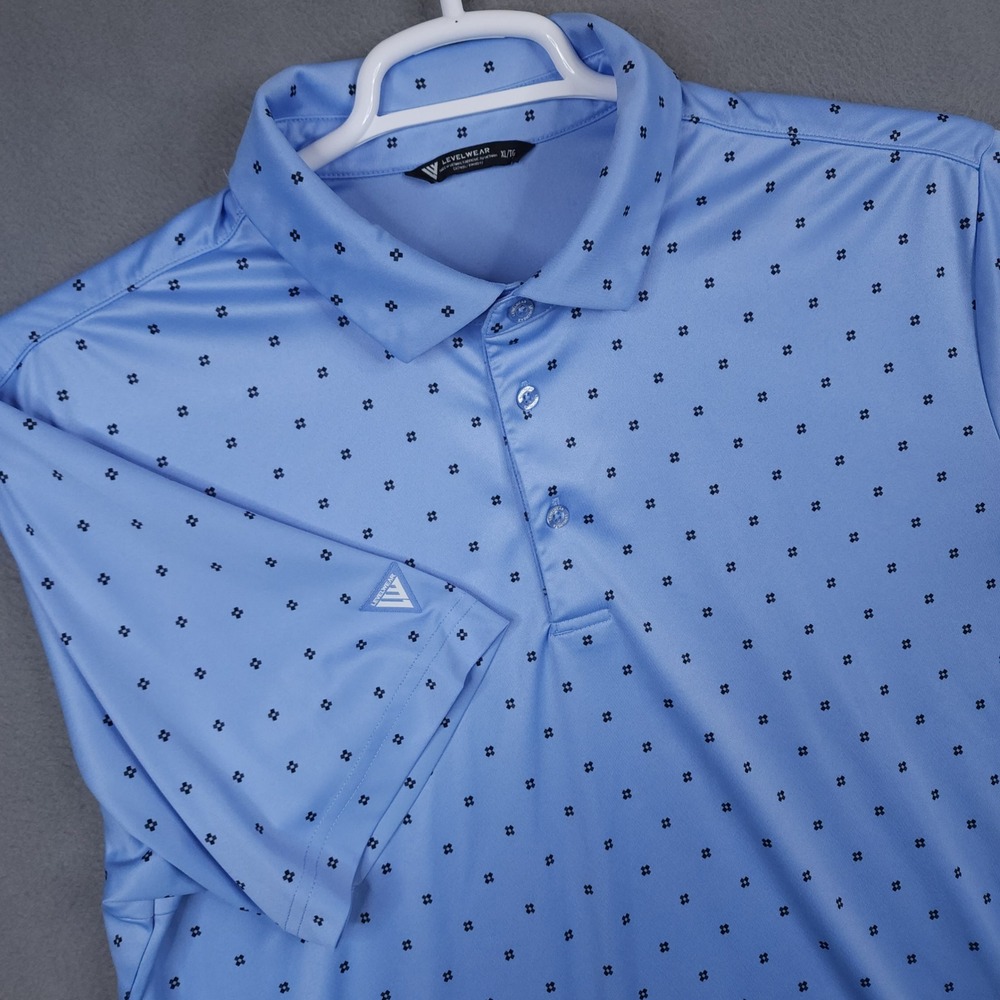 Levelwear Mens XL Blue Geometric Print Short Sleeve Performance Golf Polo Shirt